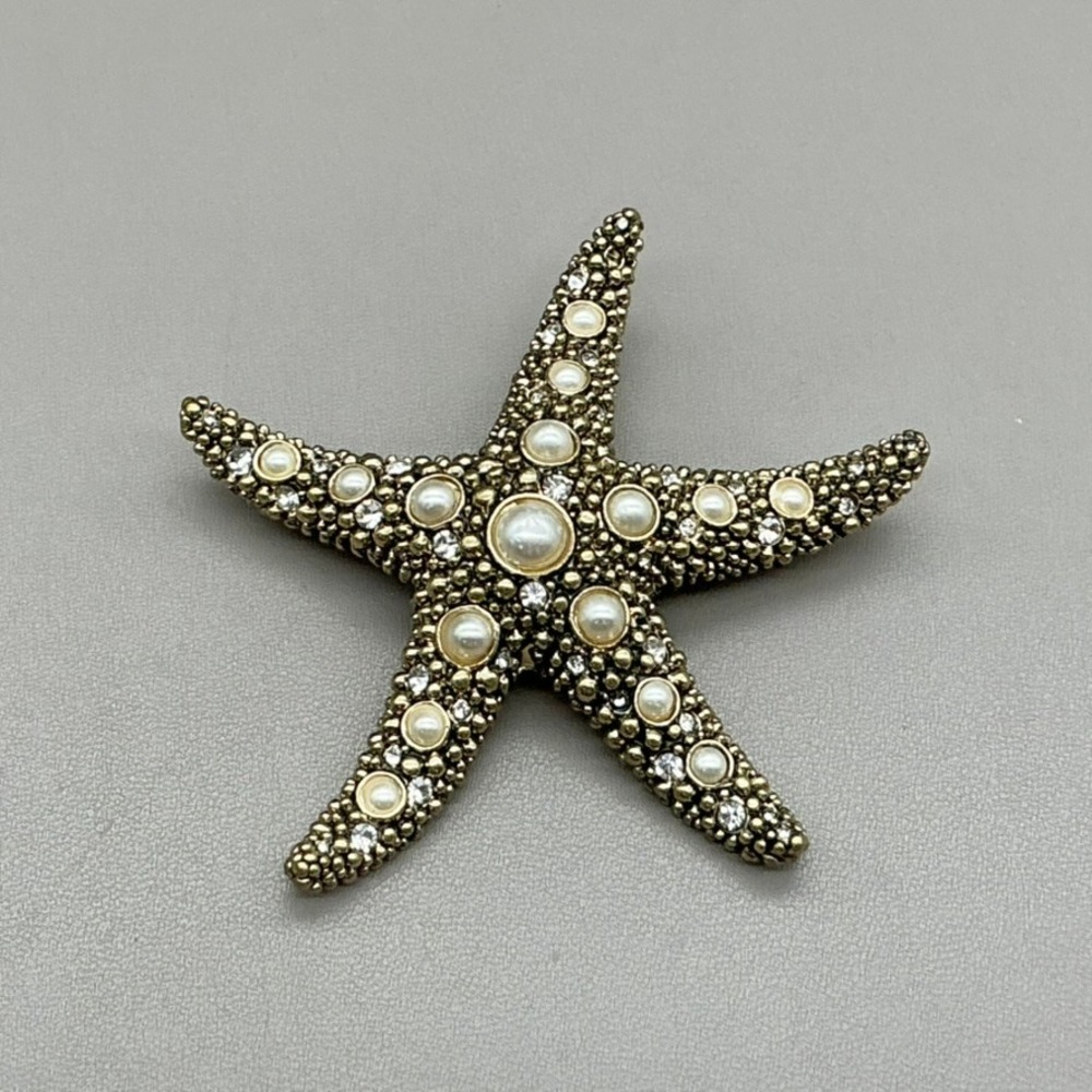 Napier Starfish Brooch Gold Tone Faux Pearl Rhinestone Coastal Nautical Pin 2.5"